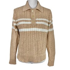 Vintage Sweater Size Medium Collared Pullover Button Top Striped Tan MK Today