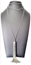 Charming Charlie Long Silvertone Necklace Metal Tassel