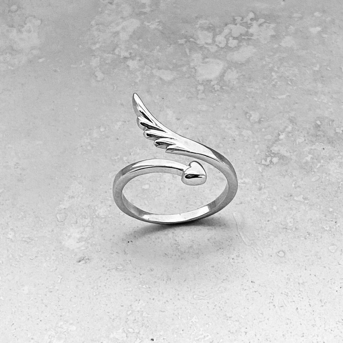 Sterling Silver Delicate Heart and Angel Wing Ring, Feather Ring 