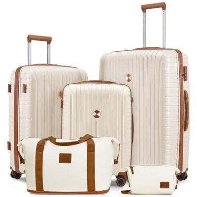 Luggage Sets Piece Suitcase Set, PP Hardshell Carry piece set Beige  Brown