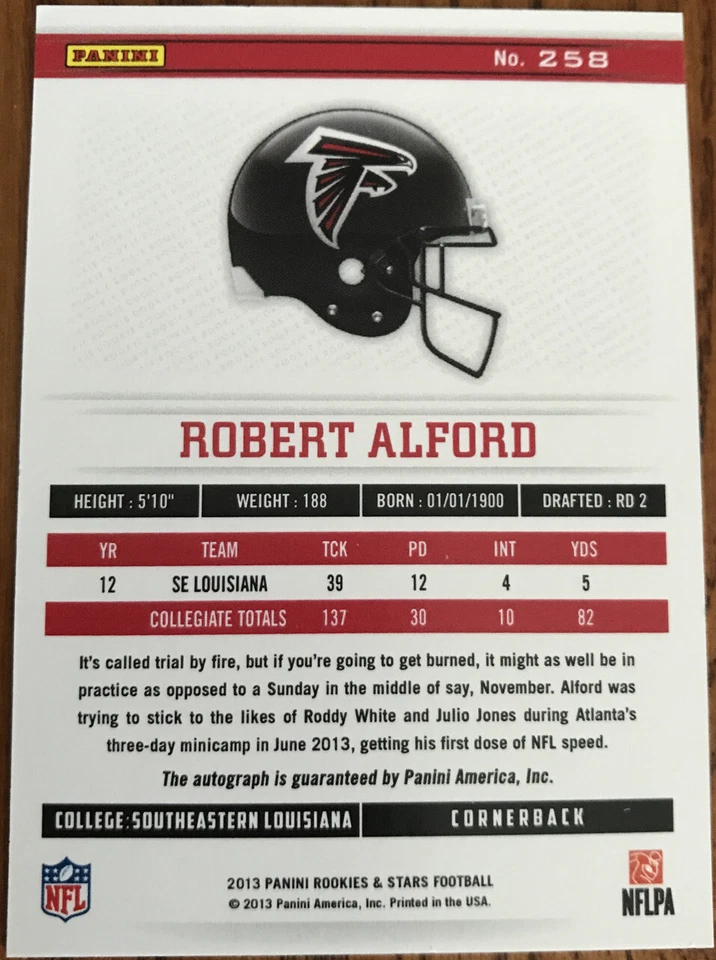 2013 Rookies & Stars Rookie Autographs Longevity Robert Alford #258 - Image 2 of 2