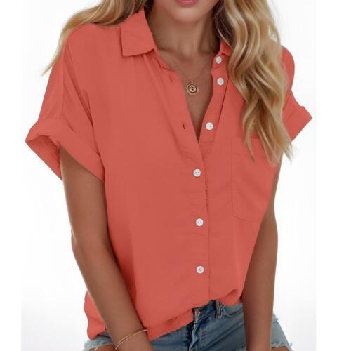 Women Short Sleeve Shirt V Neck Button Down Summer Tops Work Blouses with Pocket - Picture 15 of 16