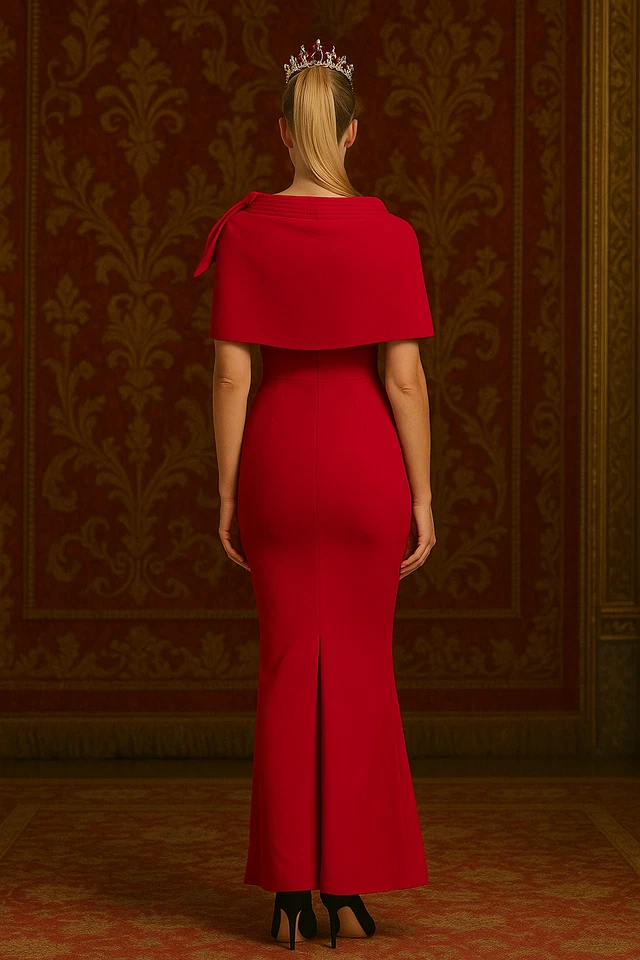 Badgley Mischka Red Cape Bow Stand-Neck Gown sz 4 Runway Sample Modest Couture - Image 2 of 4