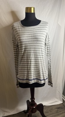 LOGG by H&M Gray White Striped Linen Blend Knit Top Women s Medium Long Sleeve 