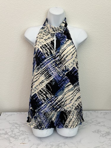 Essentials by Milano Sleeveless Blouse Womens L Blue Black Abstract High Neck E2 - Picture 1 of 4