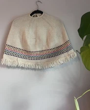 Poncho Hand Knit Womens Vintage Mod Hippy Cape Shawl Over Head Some Flaws Read