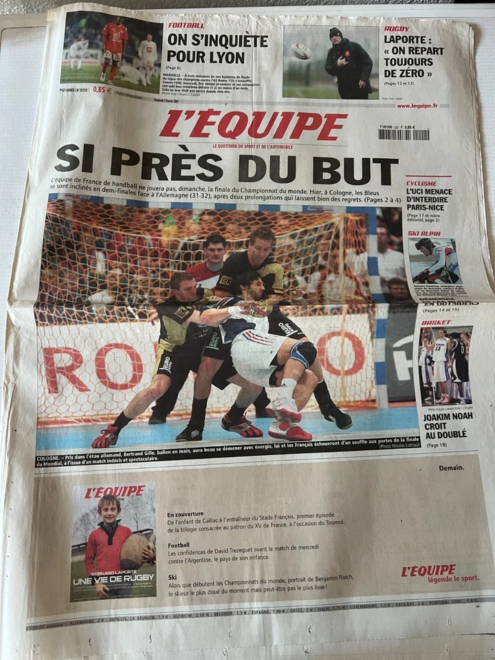 L'Equipe Journal 2/02/2007; 1/2 finale finale Handball France-Allemagne 31-32 - Photo 1/1