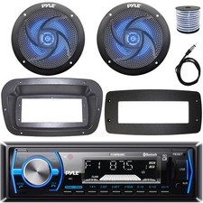 Pyle 1-DIN Marine Receiver W/Install Kit  Adapter Plate, 2x 5.25" LED Speakers