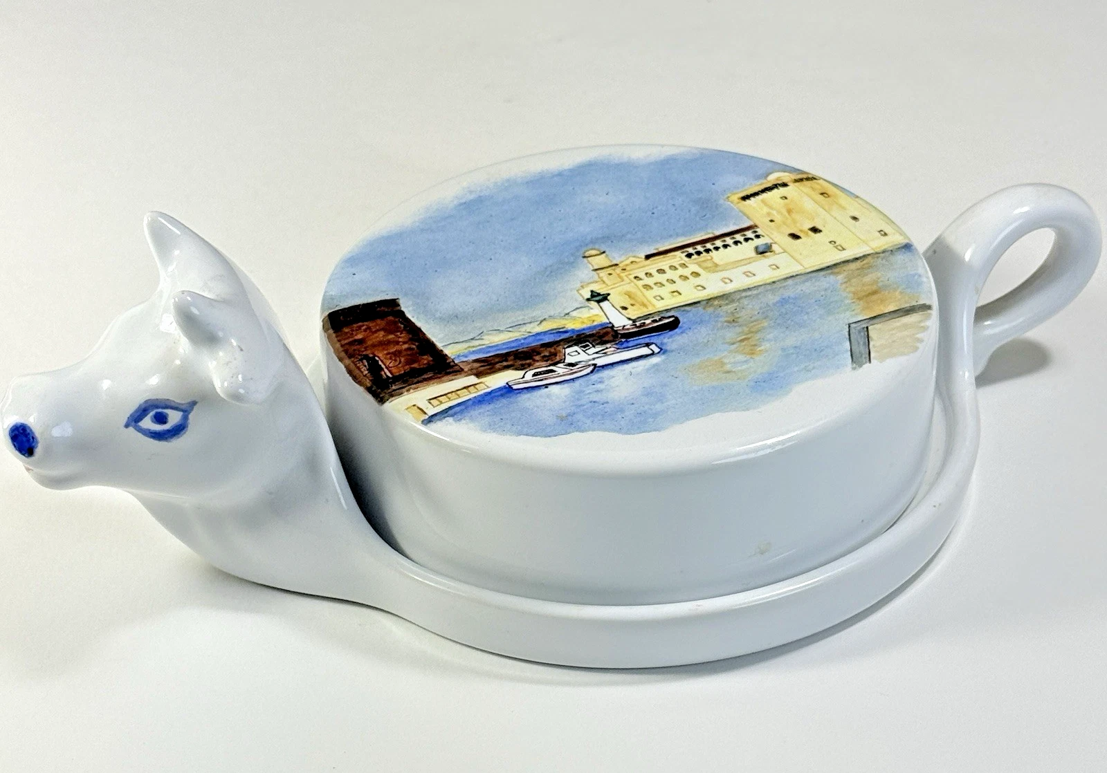 Vintage French Hand Painted Cow Covered Butter Cheese Dish Seaside Harbor Signed