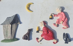 Vintage 1978 Hand Painted Outhouse Wall Art Set 6pc MCM Retro Bathroom Decor 