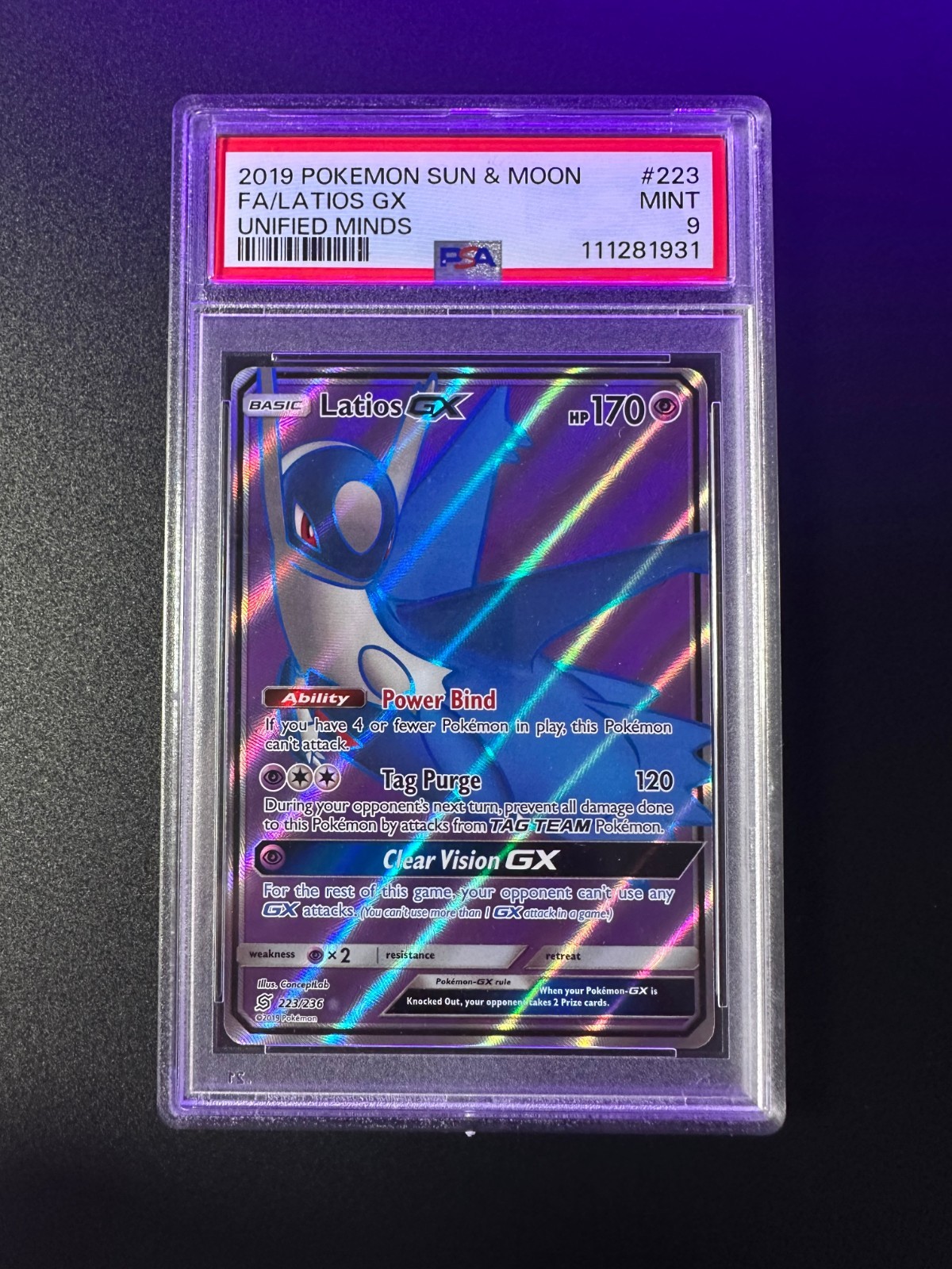 Pokemon Latios GX 223/236 PSA 9 S&M Unified Minds 223 PSA 9 Full Art
