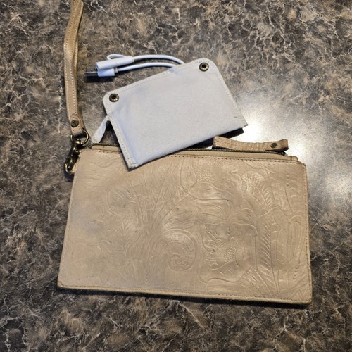 American Leather Company Beige Tooled Zip Phone Power Charger Pouch Wristlet