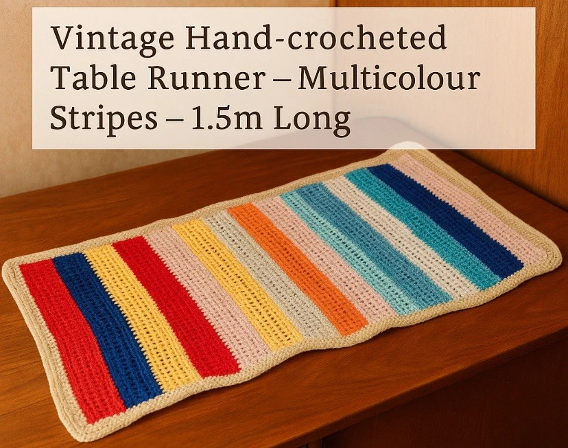 🌈 RETRO Boho - Hand-Crocheted Multicolour / Rainbow Striped Table Runner - Image 3 of 4