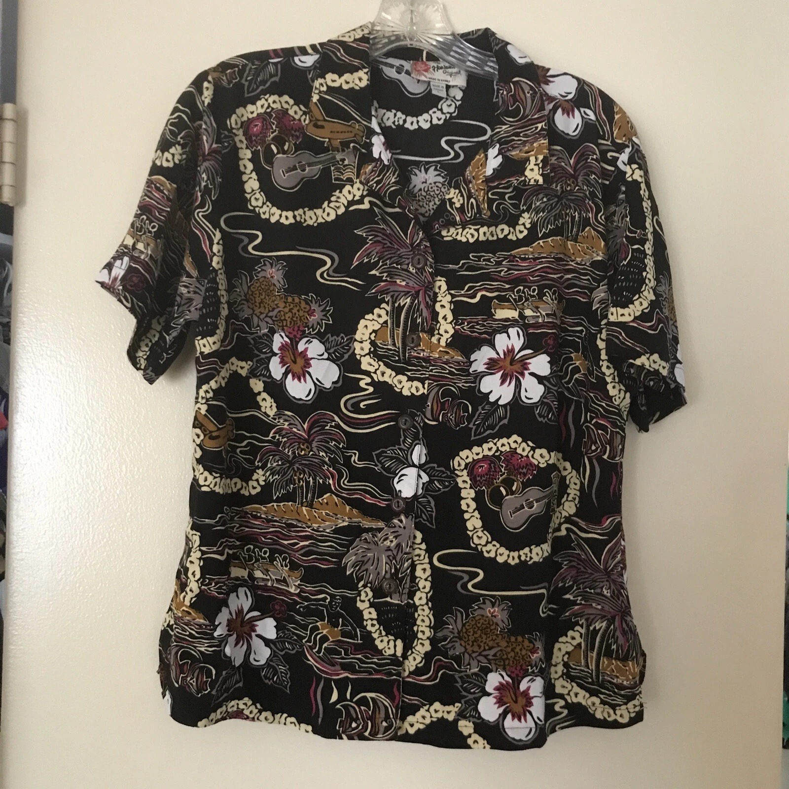 Vintage Hilo Hattie Hawaiian Shirt Mens Large (med) Black Surfing Floral