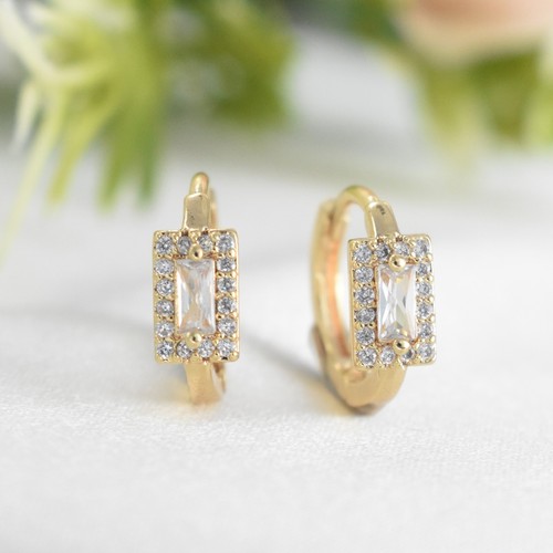 Baguette Earrings, Gold Filled Baguette CZ Huggies, Dainty Hoops, For her, Women - Picture 1 of 10