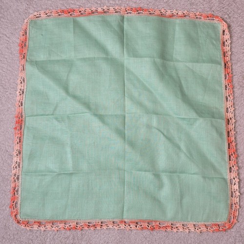 Crochet Border Handkerchief Green Peach Hanky Vintage Cottagecore Mid Century - Picture 6 of 6