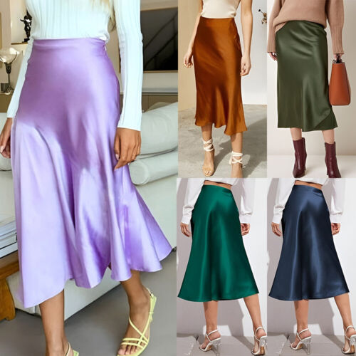 Women Satin Maxi Skirts High Waist A-Line Cocktail Party Skirts Elegant Soft US