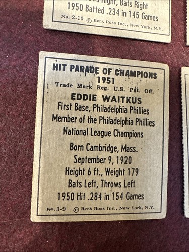 1951 Berk Ross Hit Parade of Champions - Goliat Heintzelman Waitkus Konstanty - Picture 3 of 3
