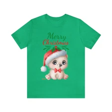 Merry Christmas Santa Hat Wearing Polar Bear Unisex Jersey Short Sleeve Tee