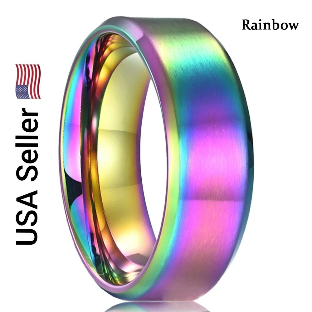 New 8MM Simple Unisex Stainless Steel Ring Rainbow Matte Finish