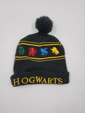 Harry Potter Hogwarts Knit Beanie Hat Ski Cap Black Pom Black Color Embroidery