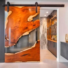 CUSTOM USA-Walnut Barn Door, Live Edge Slab with Blue Slate Epoxy Inlay Doors