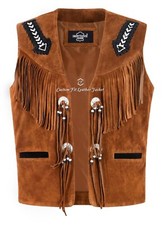 Men's Cowboy Western Style Native American Leather Vest Tan Suede Beaded Fringe