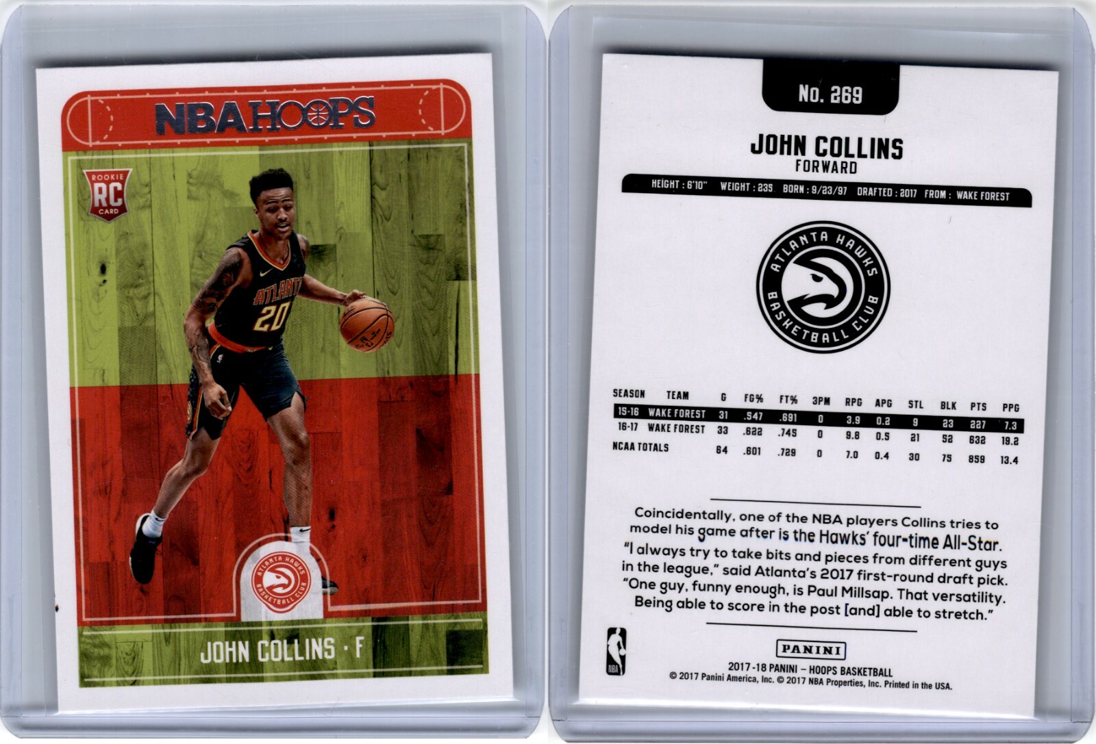 2017-18 Panini Hoops JOHN COLLINS #269 Rookie RC Atlanta Hawks