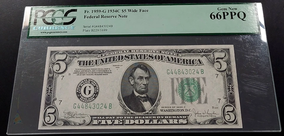 1934 C $5 Federal Reserve Note, Chicago, Wide Face, Gem New 66 PPQ! Fr#1959G. - Image 3 of 4