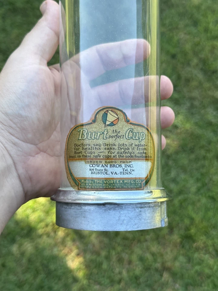 Dispensador de vidro antigo original The Vortex Mfg co copos Cowan Bros Bristol VA - Imagem 2 de 4