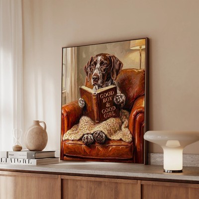 ''Evening Read'' - German Shorthaired Pointer Vertical Framed Canvas - Dog Lover