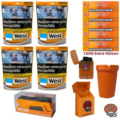 West Yellow Volumentabak Beutel 4x 85g, Pall Mall Xtra Hülsen, Stopfer, Zubehör