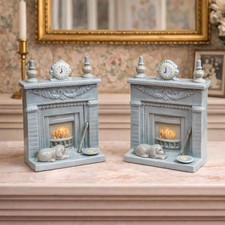 Vintage Pair Porcelain Fireplace Scene with Dog Ornaments 1980s Made in Taiwan