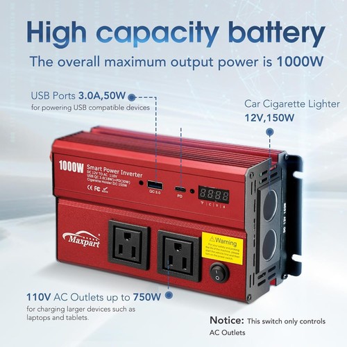 TWING Auto 1000W Wechselrichter, 12V DC auf 110V Wechselrichter für 1000W, rot  - Bild 7 von 9