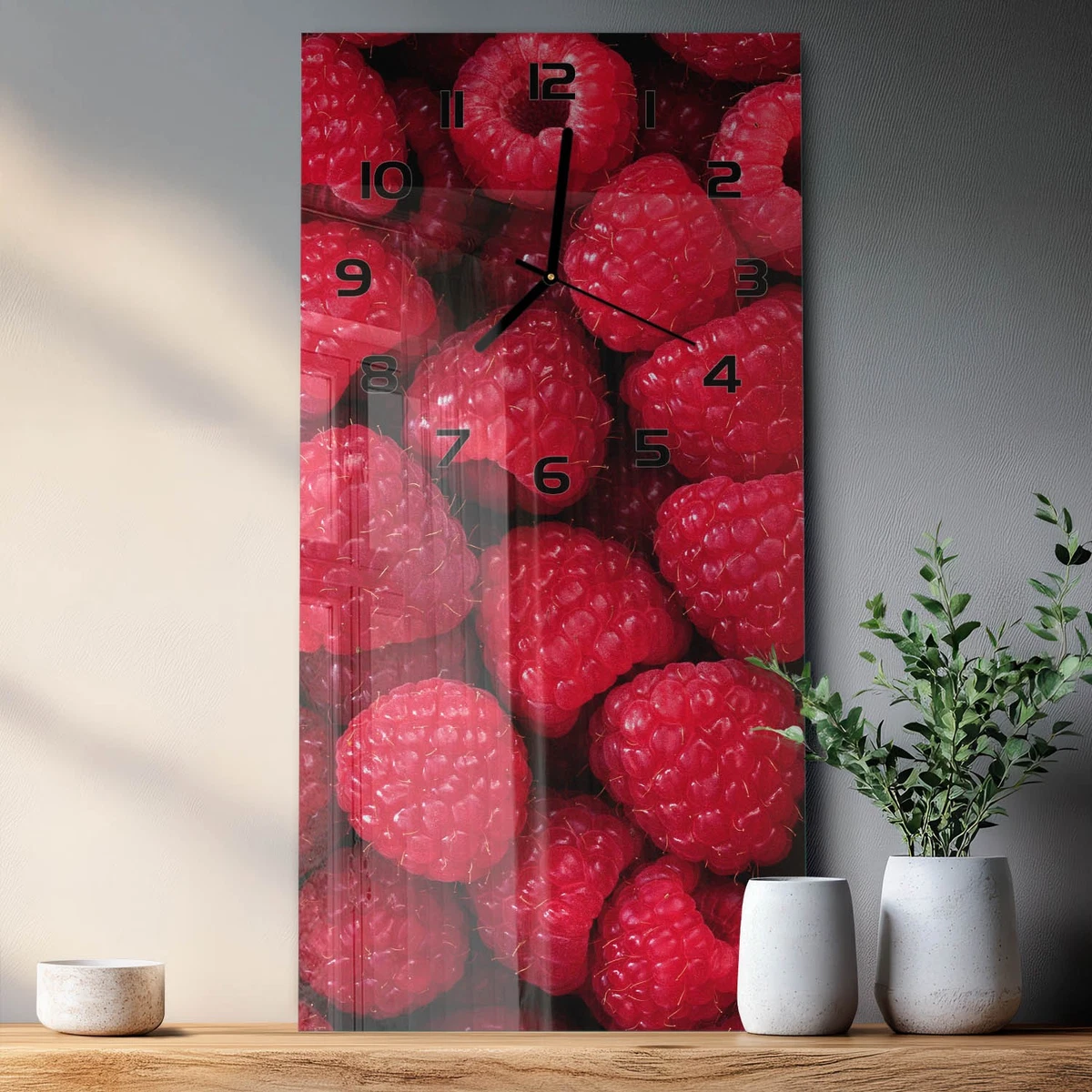 Reloj de Pared Rectangular Vertical Vidrio Templado Premium Frambuesas 30x60 cm
