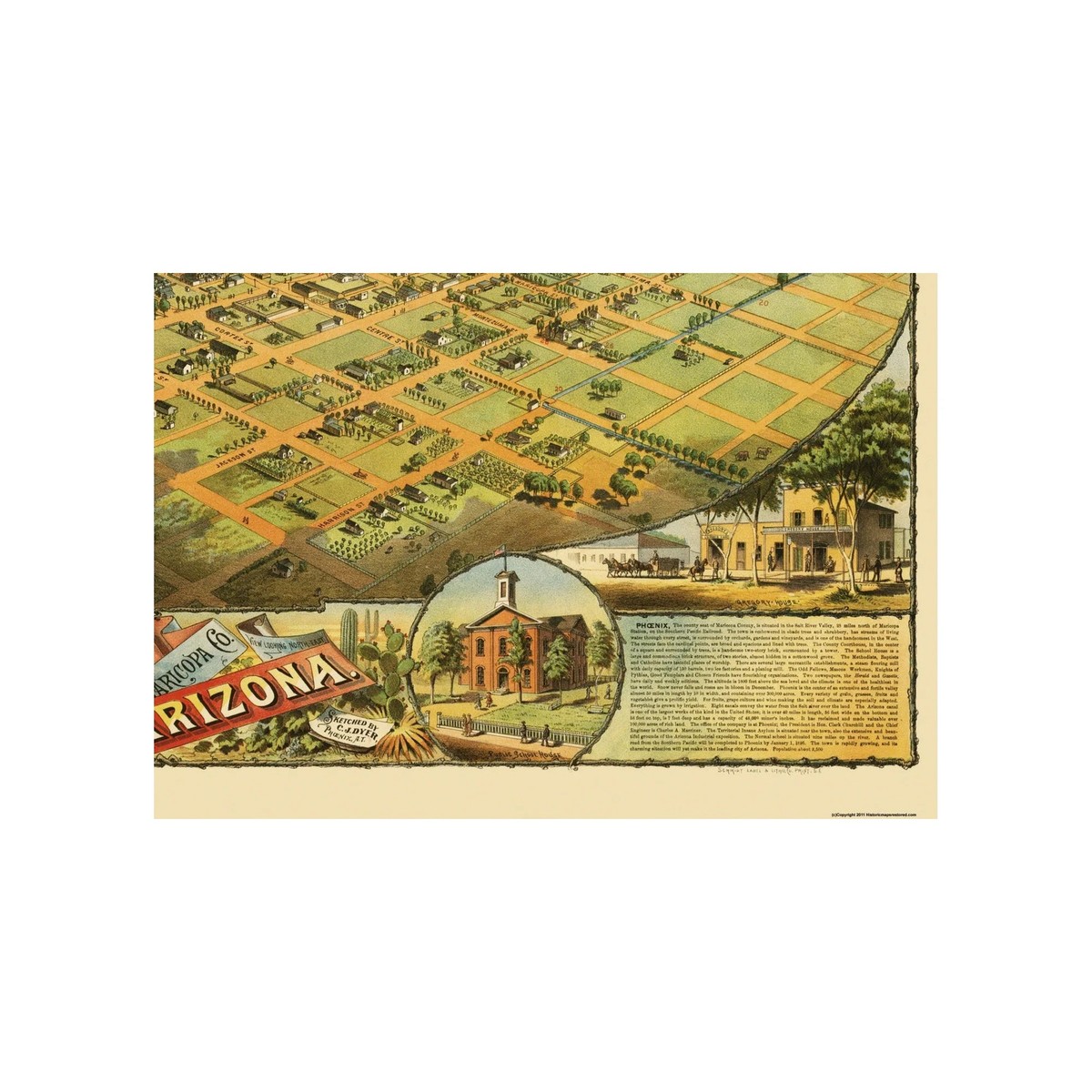 Historic Panoramic View - Phoenix Arizona - Schmidt 1885 - Vintage Wall Art View 3