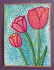ACEO by Gwendolyn - '3 Red Tulips on Teal' on acid-free cold-press paper