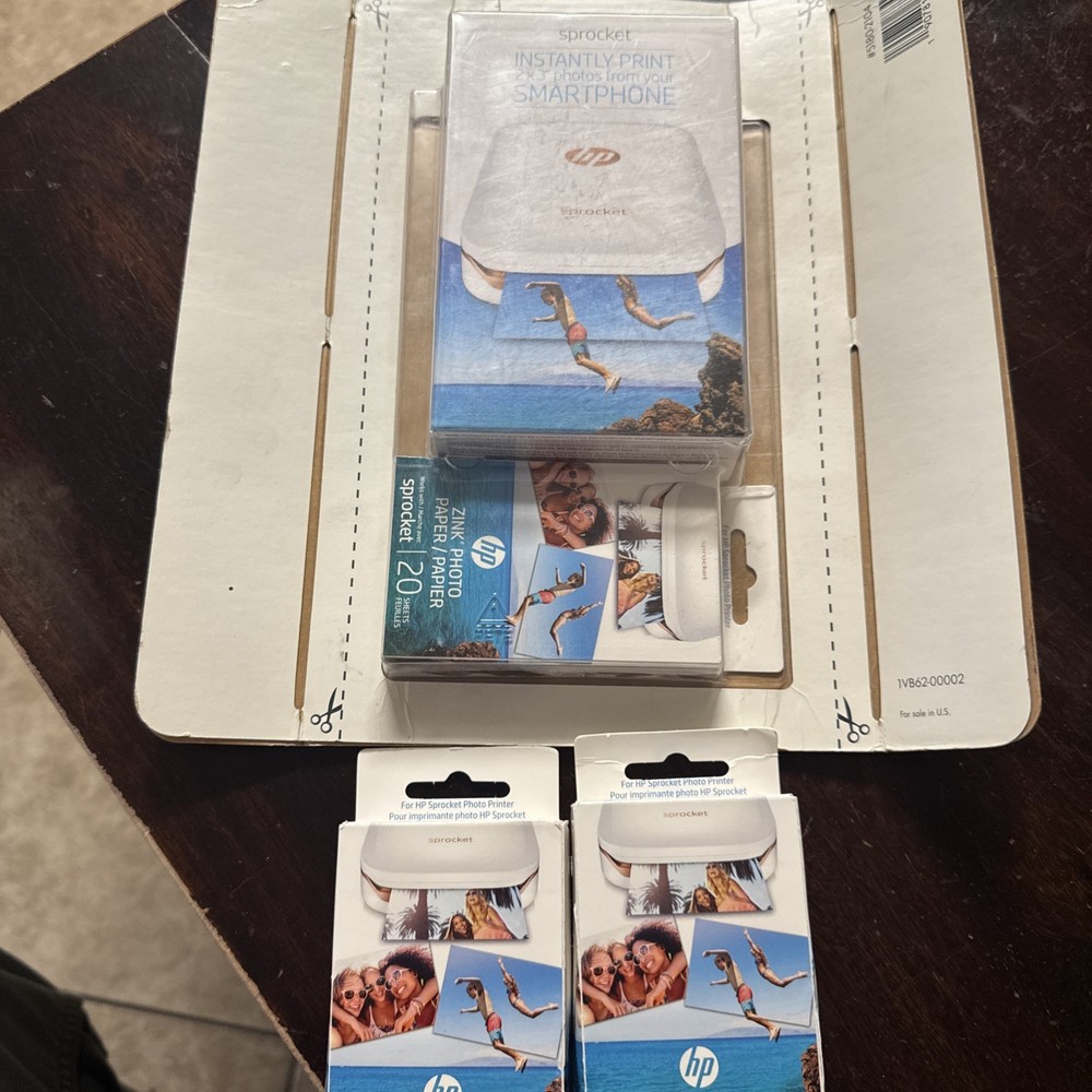 HP Sprocket Portable Smartphone Photo Printer 2x3” & 60 Sheet Paper Bundle / NEW