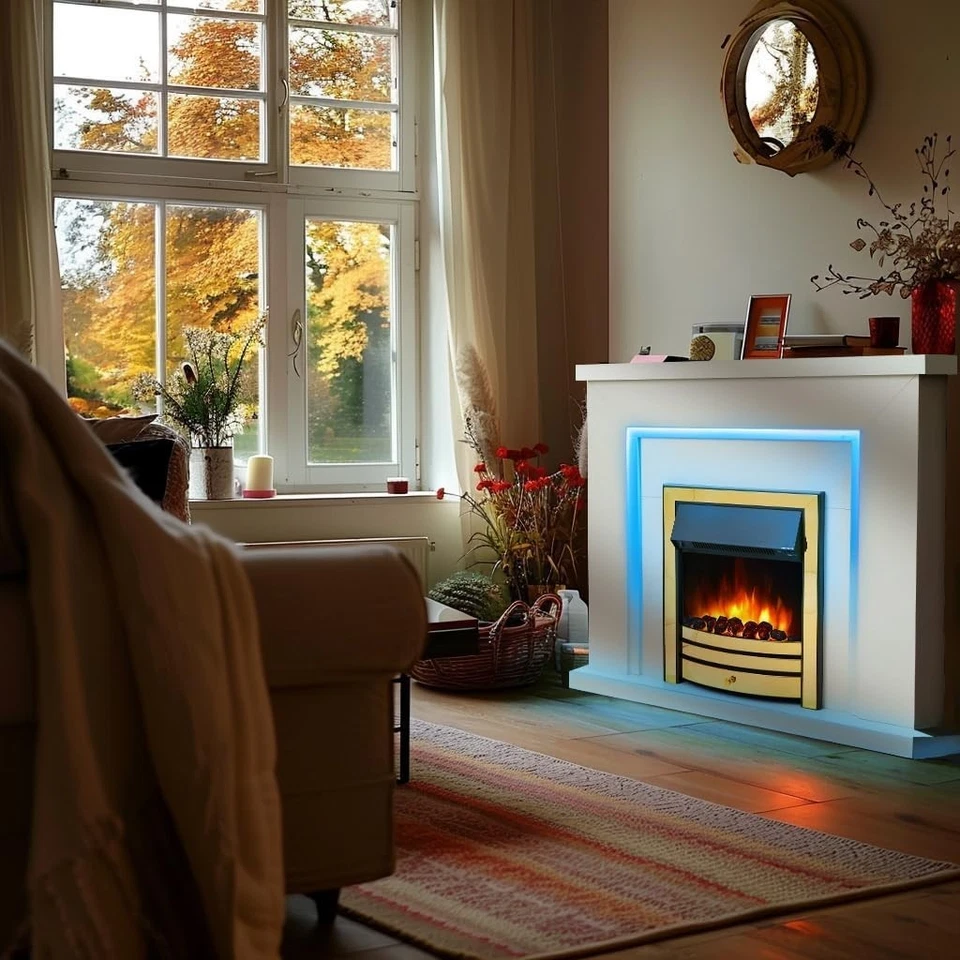 Electric Fireplace 42" LED Suite White Brass Fire Remote Heat Mood Light - Image 2 of 4