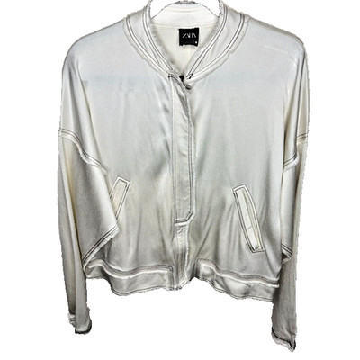 Zara cream satin-effect cropped bomber jacket in women s size Small