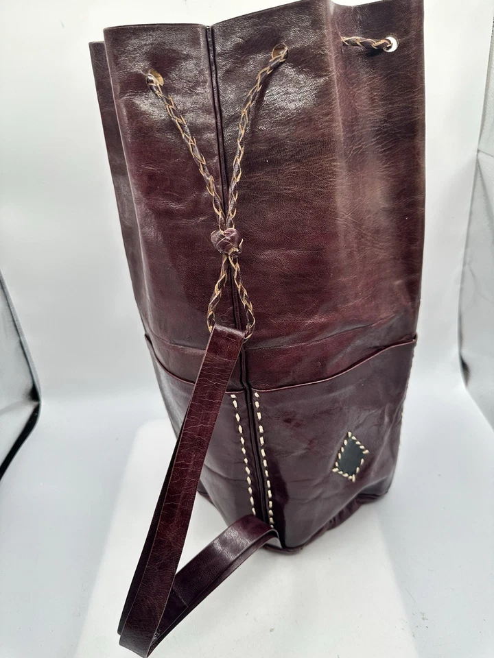 Unbranded Burgundy Whipstitch Leather Drawstring Bucket Sling Backpack Bag - Image 2 of 4