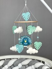 Baby crib mobile girl with peacock felt Safari theme mobile nursery monstera