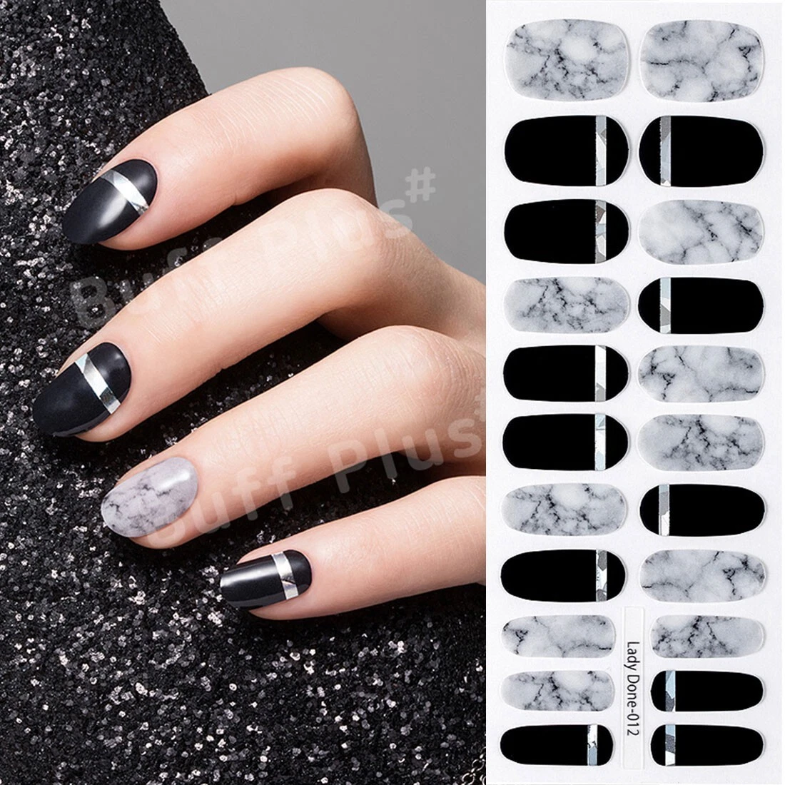 Nail Full Stickers Wraps DIY Decals Black Silver Line Marble