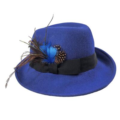 Uno Alla Volta Women\'s Ivory/Blue Felt Wide Brim Fedora, Feather Beaded, OS Uno All main image 2