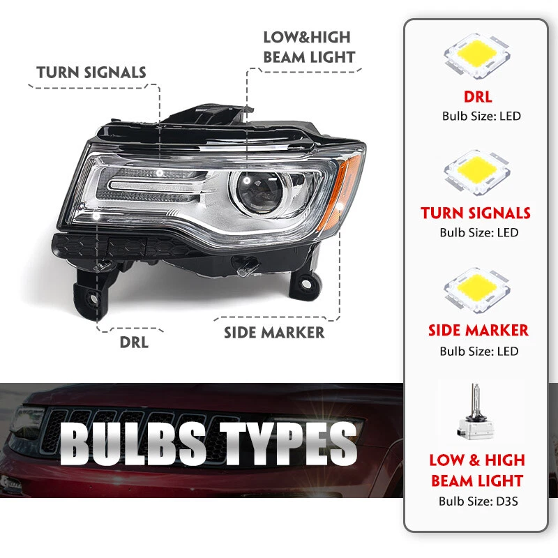 2P For 2014-2016 Jeep Grand Cherokee Chrome HID/Xenon w/o AFS Headlights Lamps Foto 3 de 4