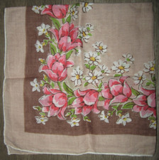 Vtg cotton handkerchief / hankie, brown w pink tulips  white daisy flowers