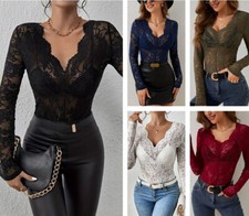 Womens V Neck Long Sleeve Basic Flowers Top Soft Lace Fitted T-Shirt Tee