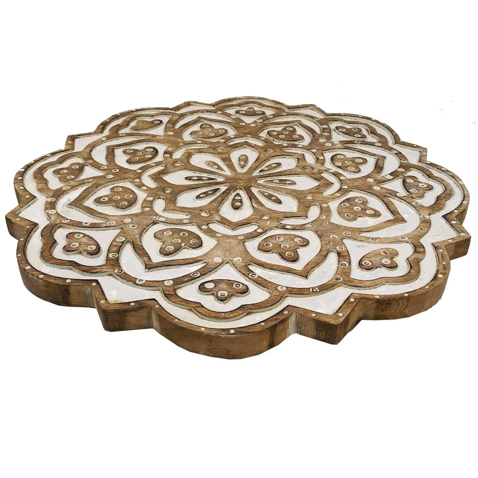 18 Inch Handcrafted Mango Wood Side End Table, Floral Carved Top