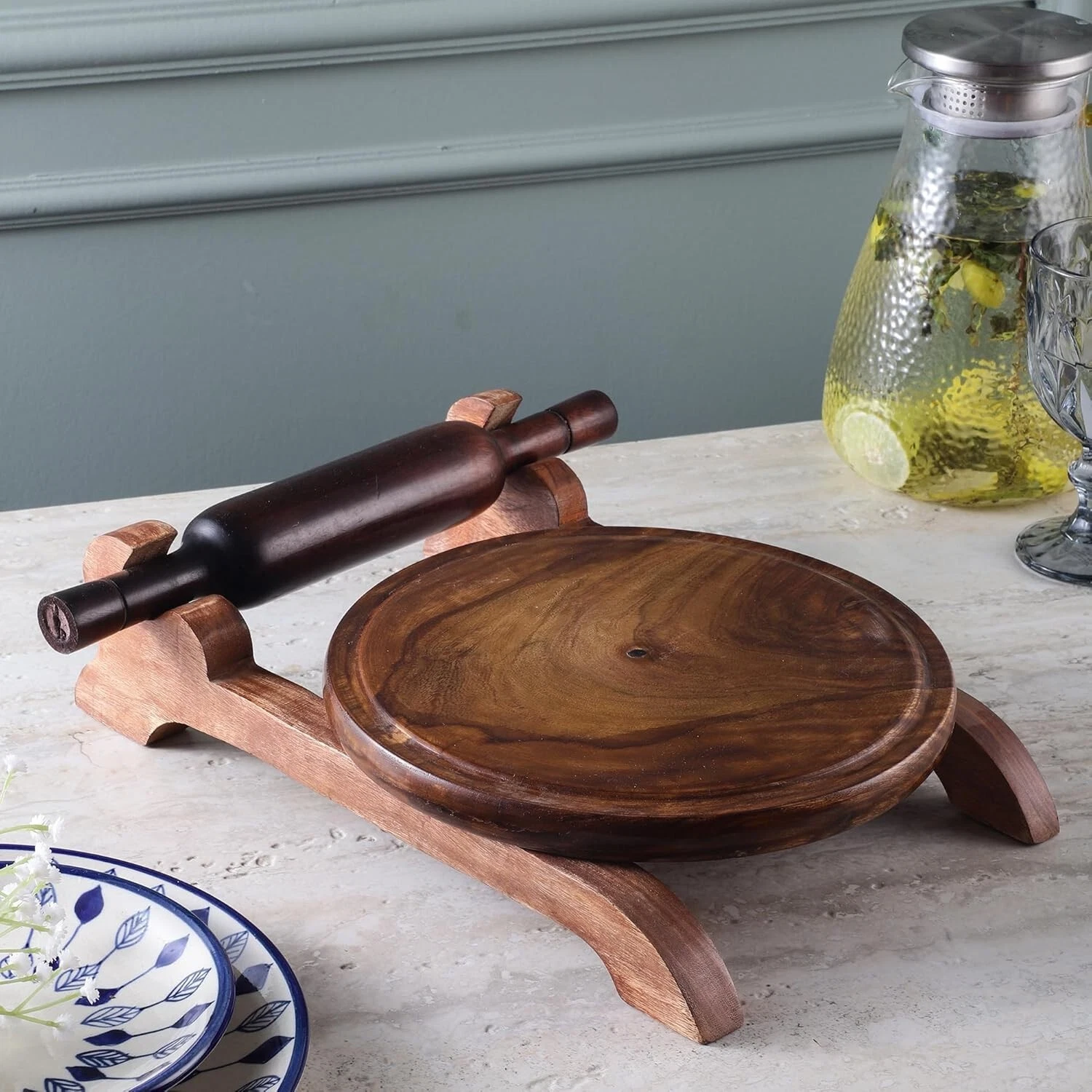 Indian Traditional Premium Walnut Wooden Chakla Belan Set with Stand Kitchen