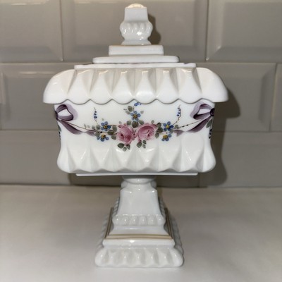 Westmoreland Hand Painted Milk Glass Pedestal Cake Box CHIP on LID VTG 10'' AS IS